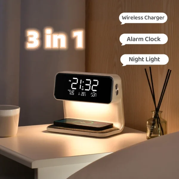 3-in-1 Nightstand Wonder: Wireless Charger, Beside Lamp & LCD Display with Alarm