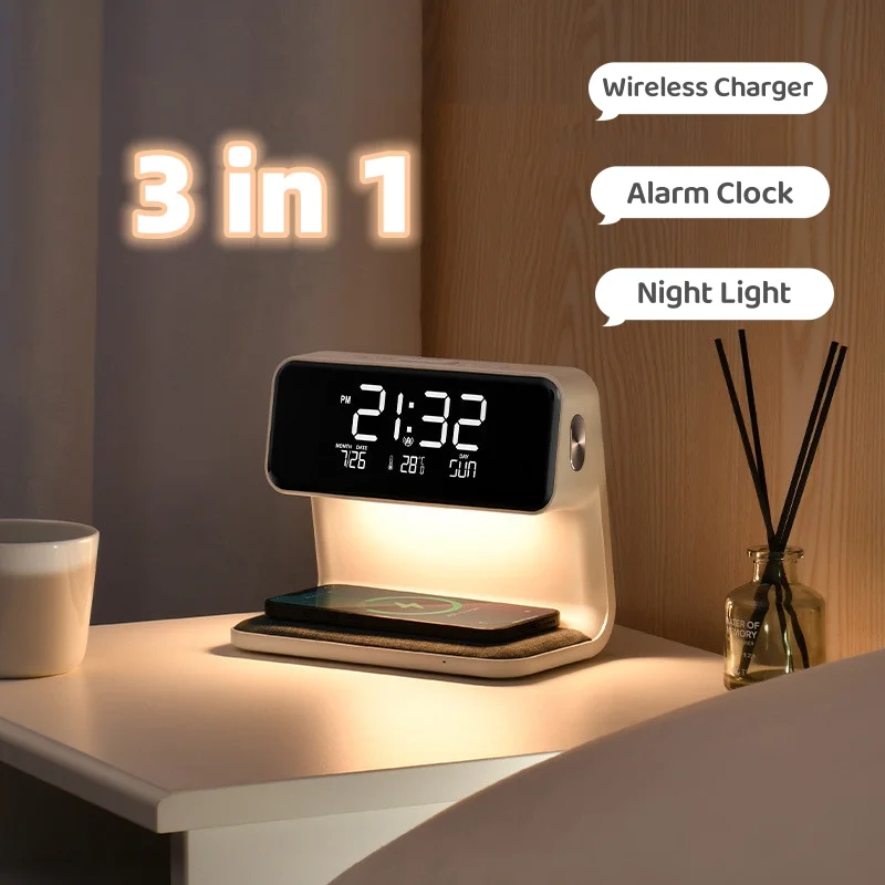3-in-1 Nightstand Wonder: Wireless Charger, Beside Lamp & LCD Display with Alarm